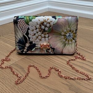 Ted Baker Floral Print Crossbody Clutch with Rose Gold Chain
